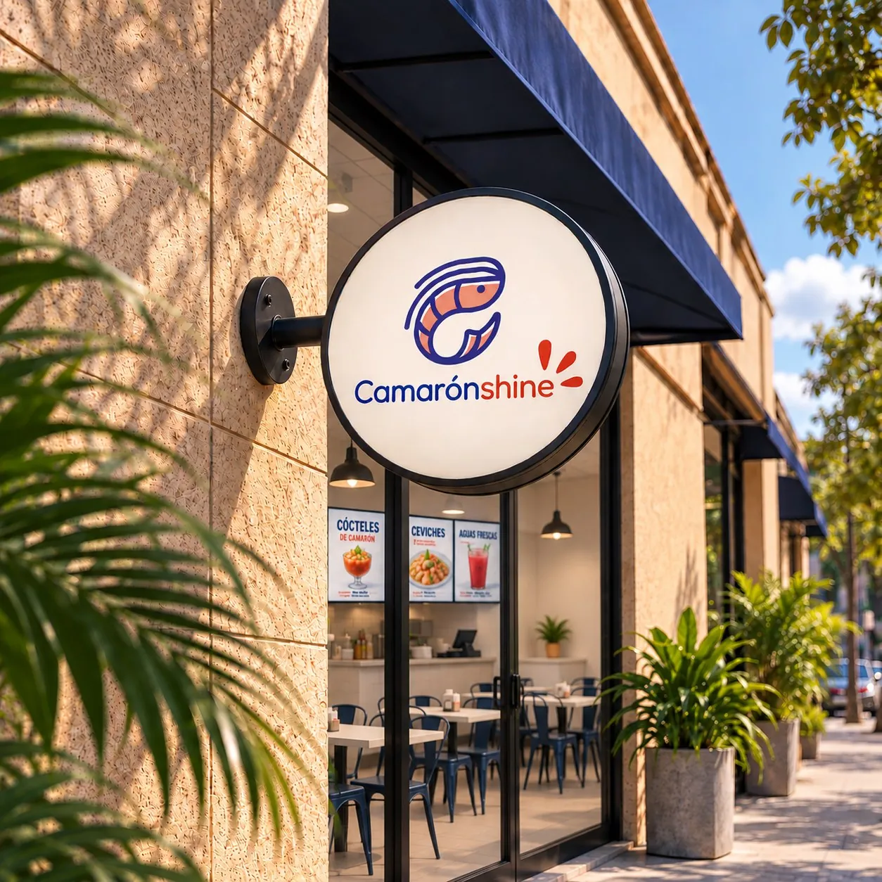 Round Camarónshine sign on the restaurant facade, under a navy awning
