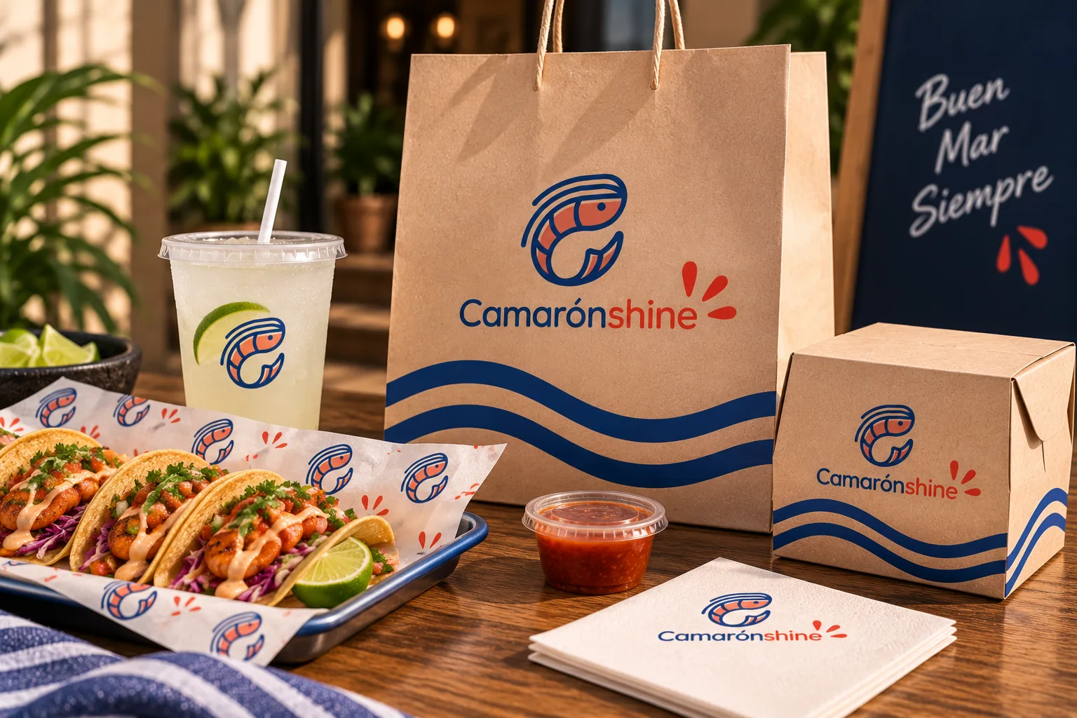Tacos on a patterned paper liner next to a kraft bag, a box, a cup and a napkin, all with the logo
