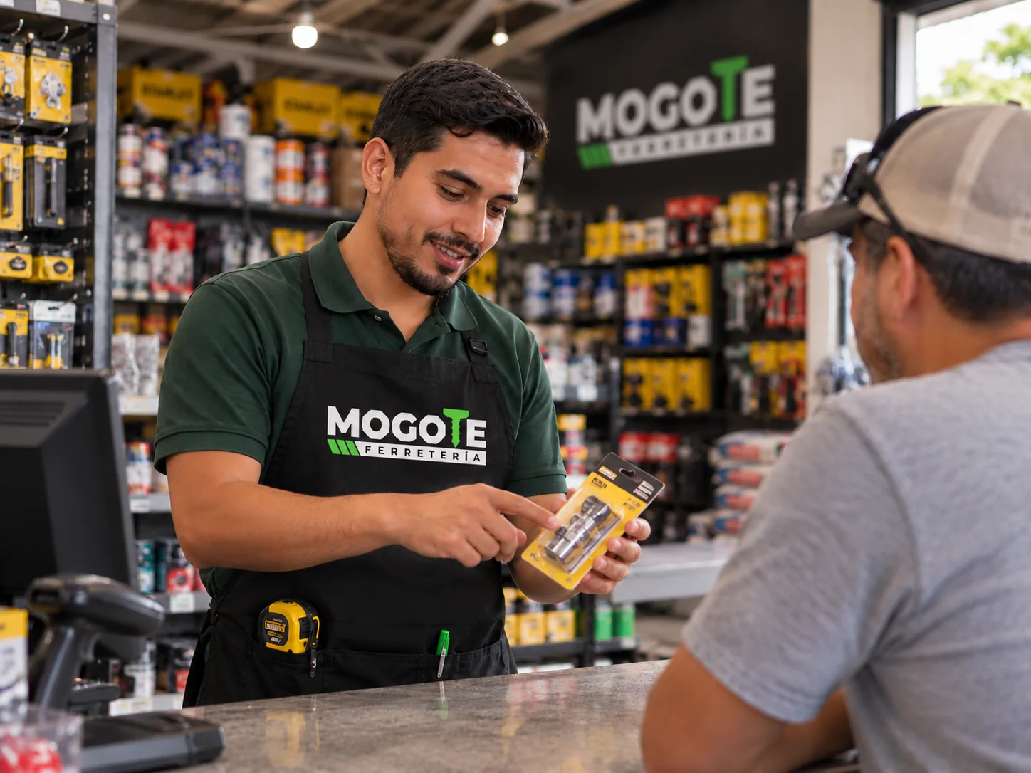 A MOGOTE employee in a branded apron serving a customer at the counter