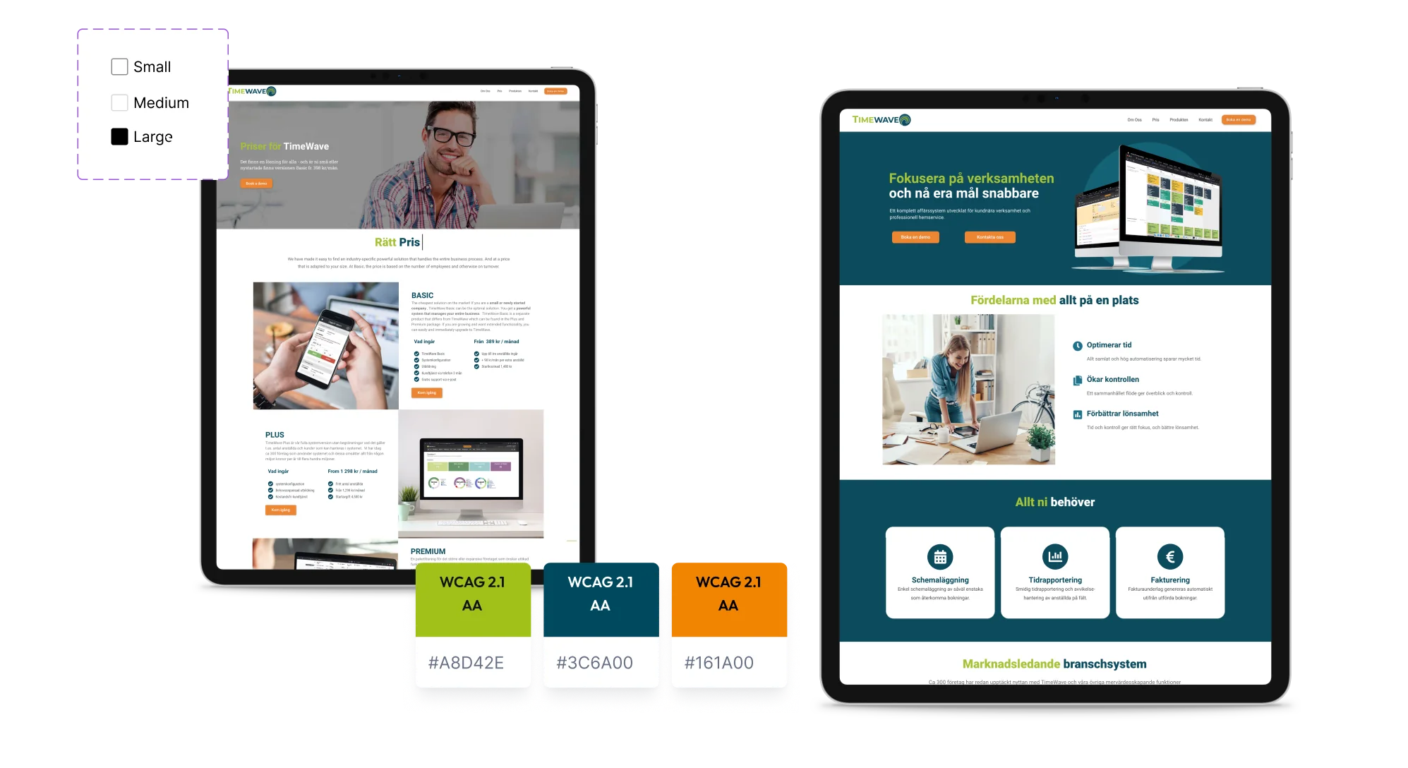 The TimeWave homepage on desktop and mobile beside the colour palette