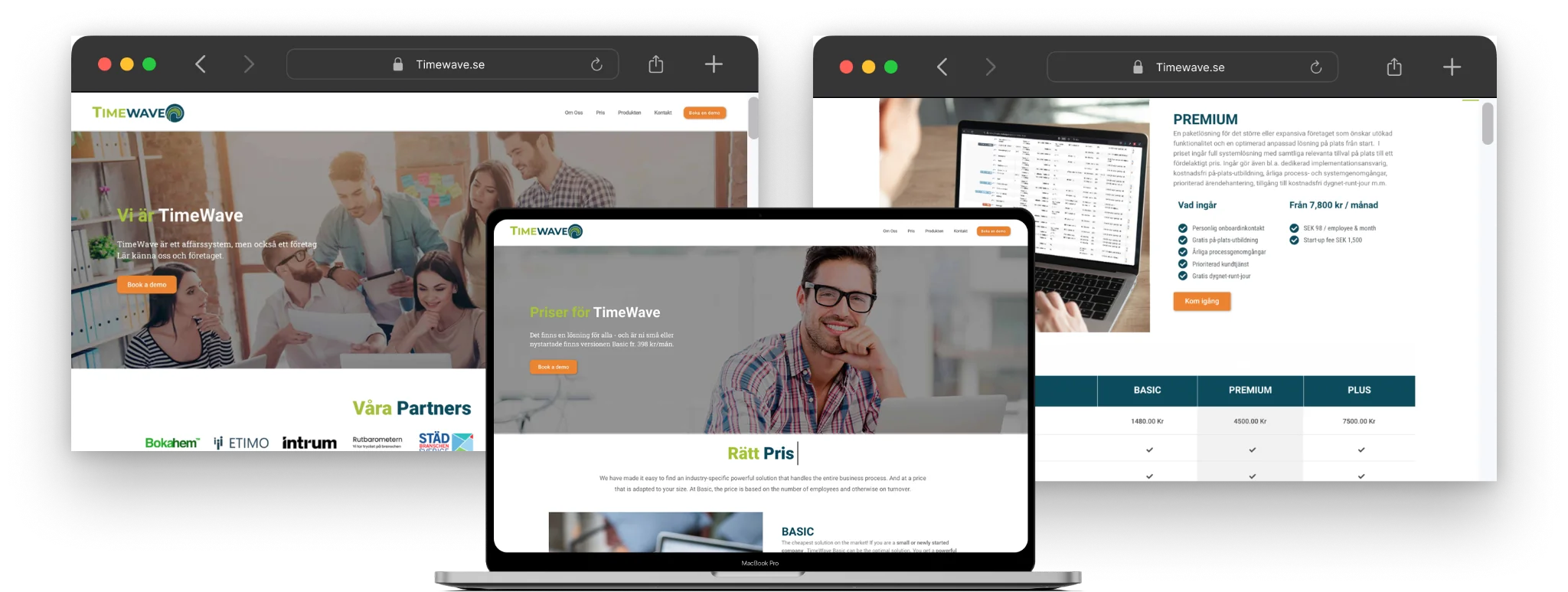 Three TimeWave pages in browser windows: the homepage with partner logos, the pricing plans and the product page