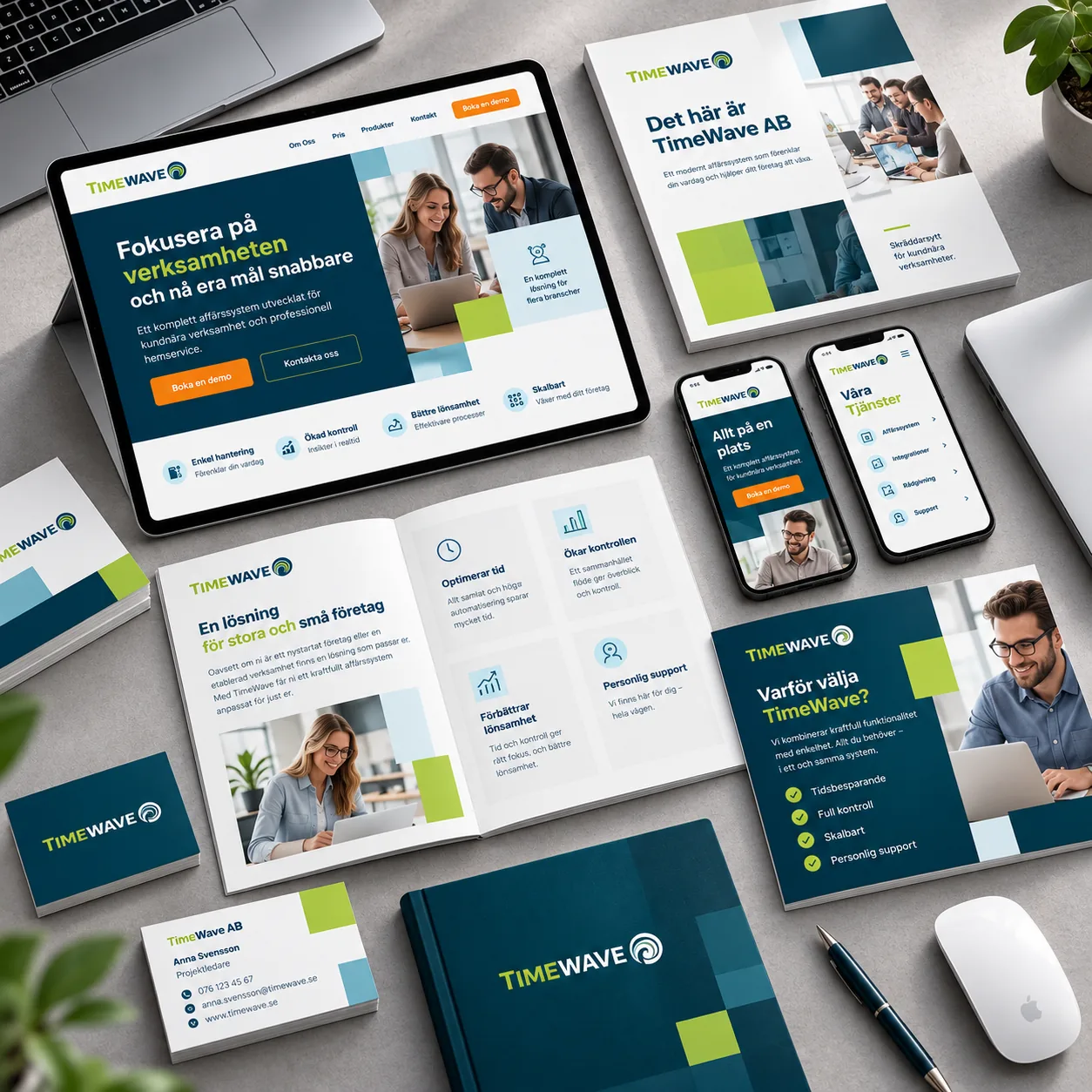The TimeWave site on tablet, phone and printed layouts, next to business cards