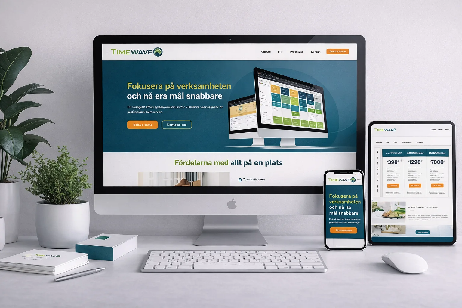 The TimeWave homepage on a desktop monitor, with the pricing page on a tablet and phone