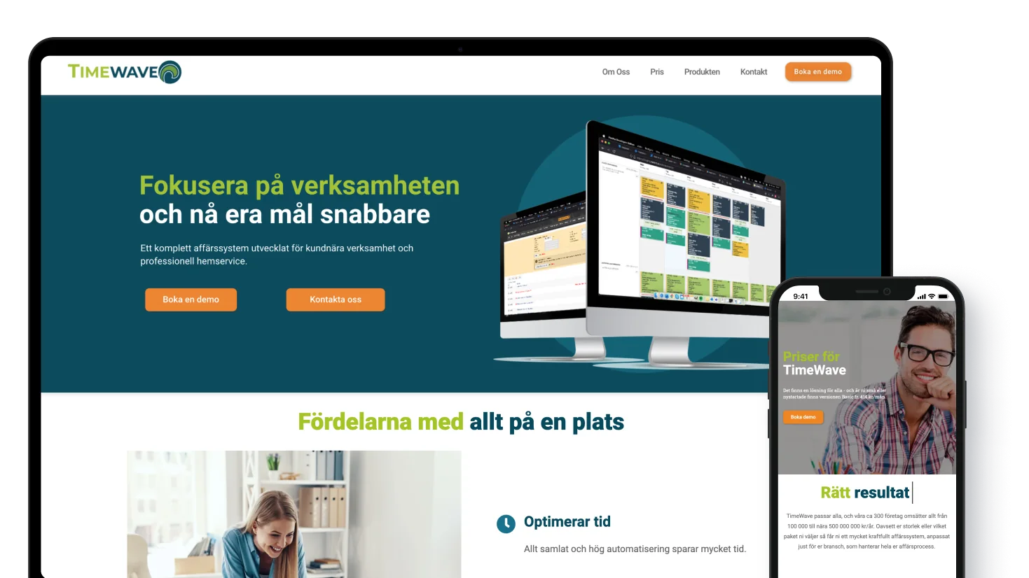The TimeWave homepage on a desktop screen and a phone
