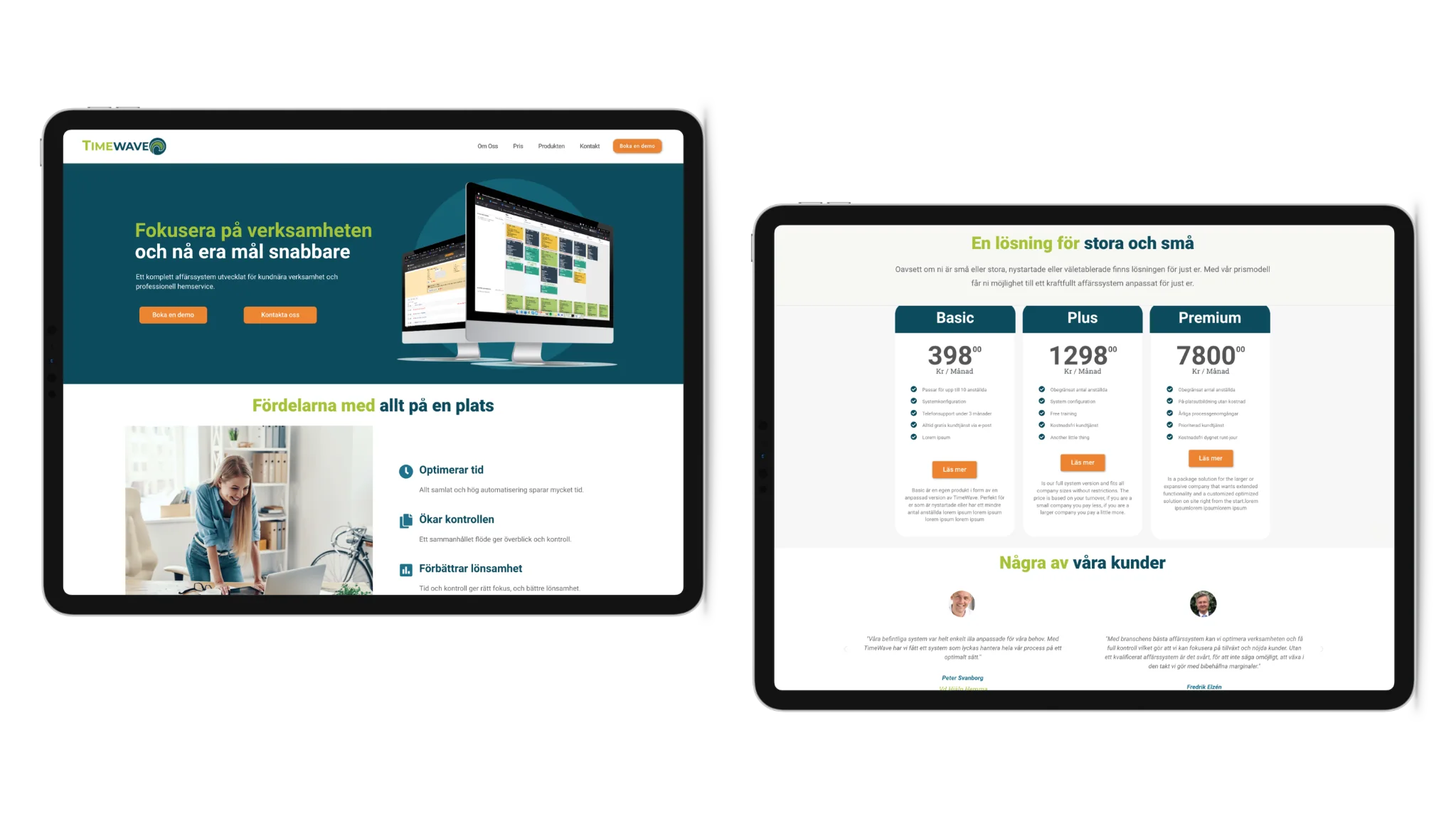 The TimeWave homepage and pricing page on two tablets