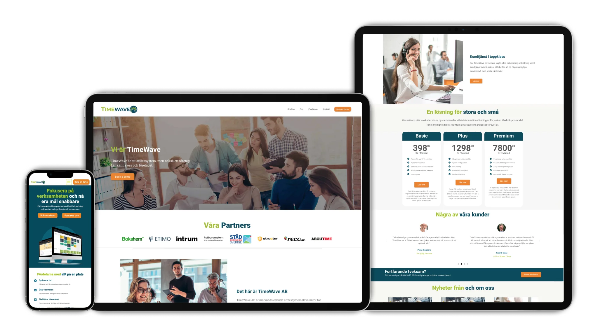 The TimeWave site on a laptop, tablet and phone, with partner logos and pricing