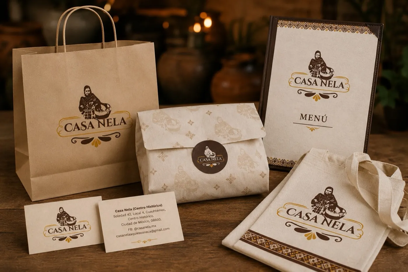 Casa Nela pieces from the Grupo Aquí es Oaxaca brand system